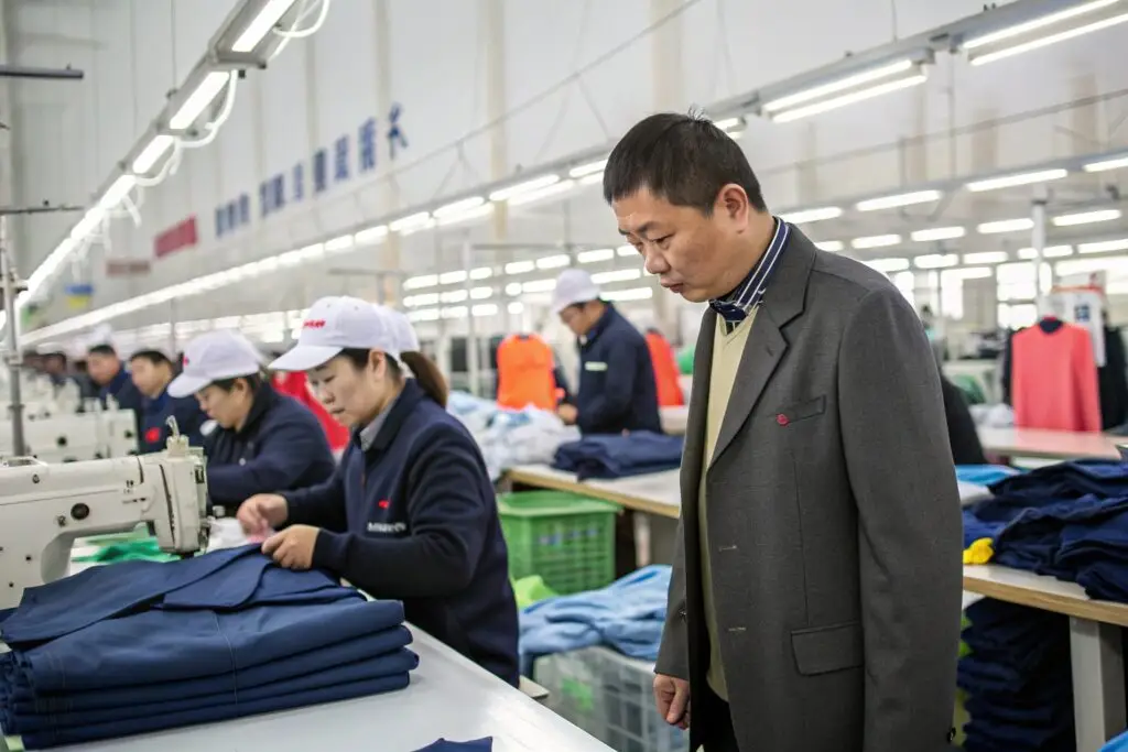 Business owner inspecting clothing production at a garment factory