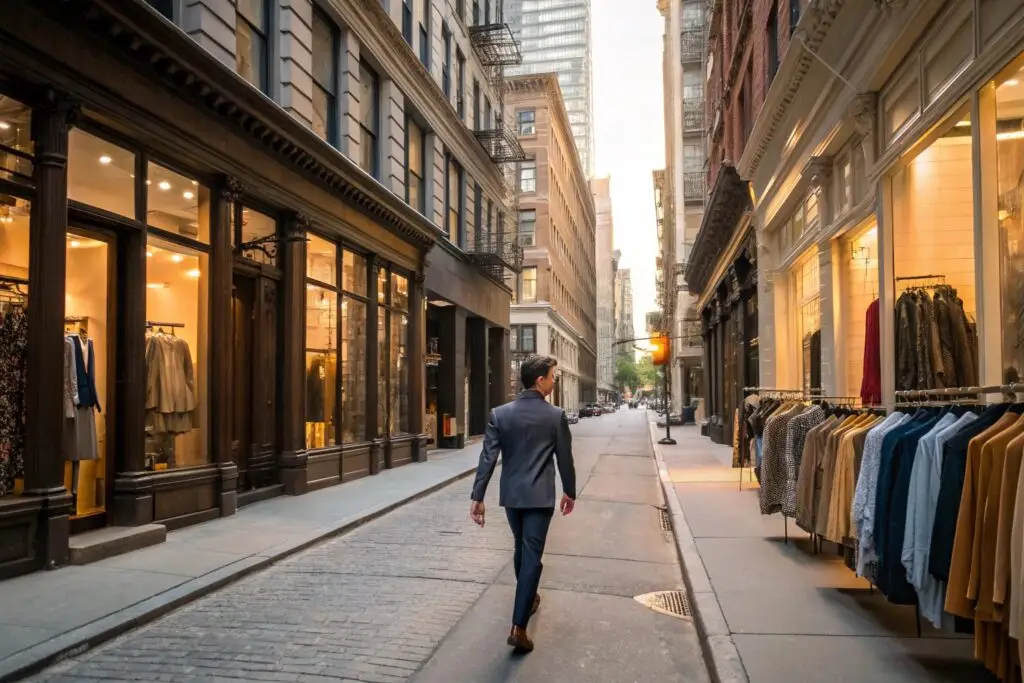 Business owner walking through a fashion district