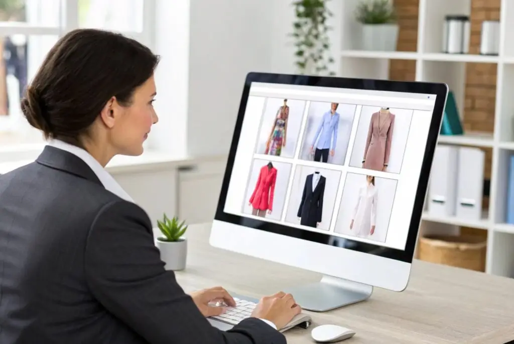 Business professional comparing clothing options on a computer