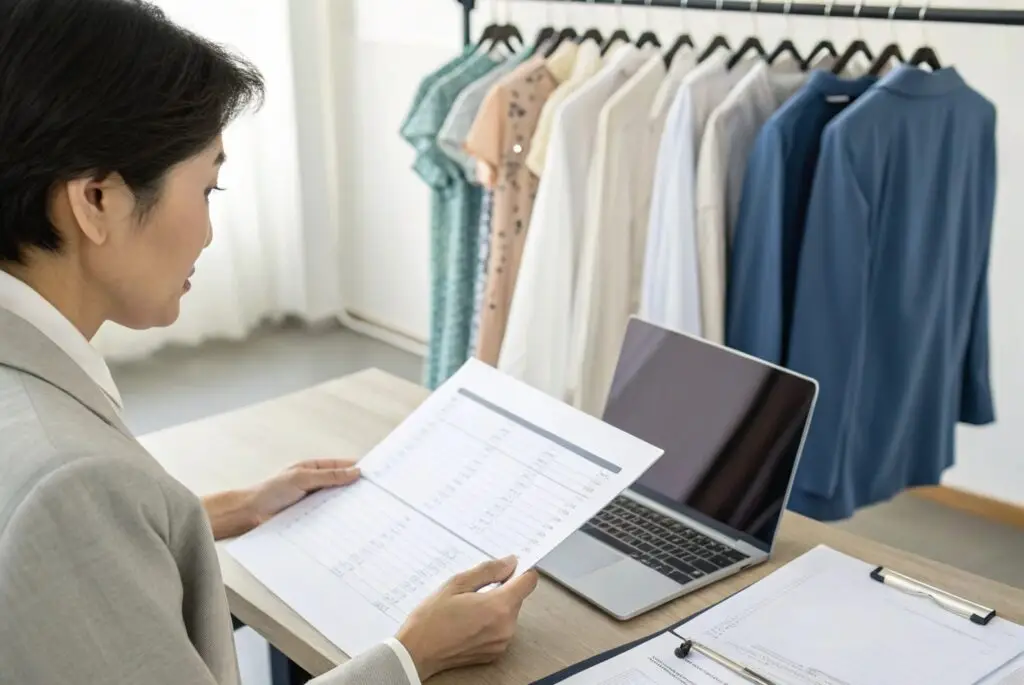 Business professional reviewing inventory and clothing options