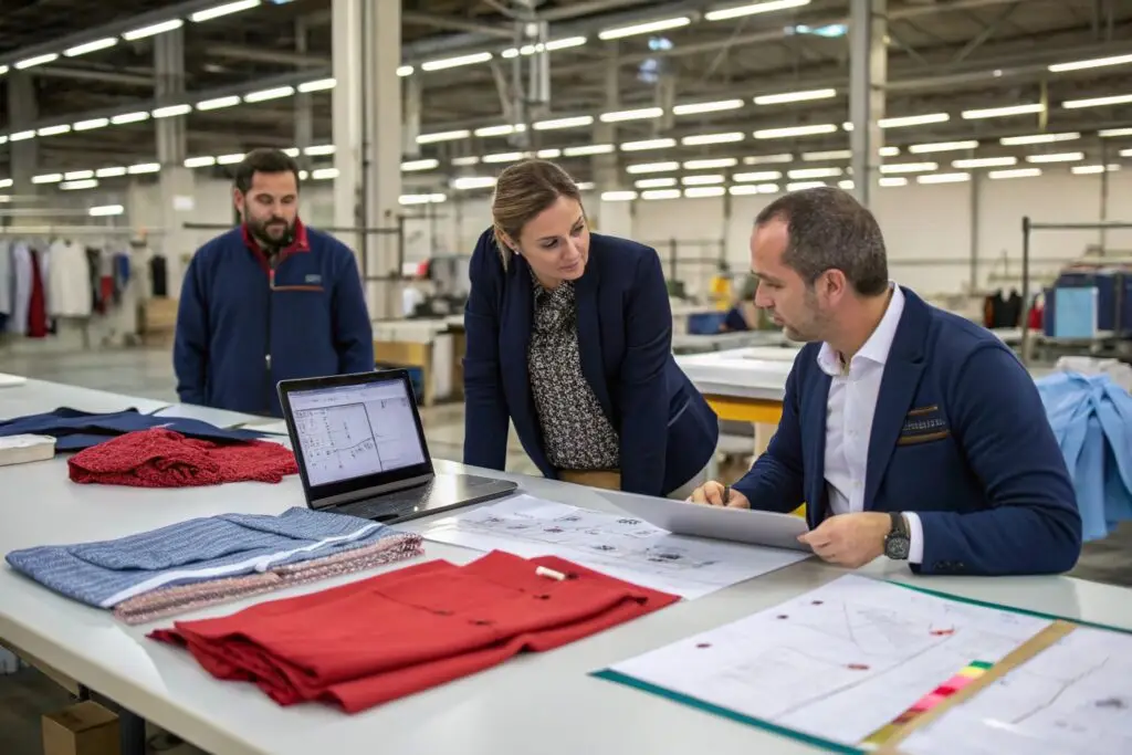 Apparel manufacturers discussing production plans in factory