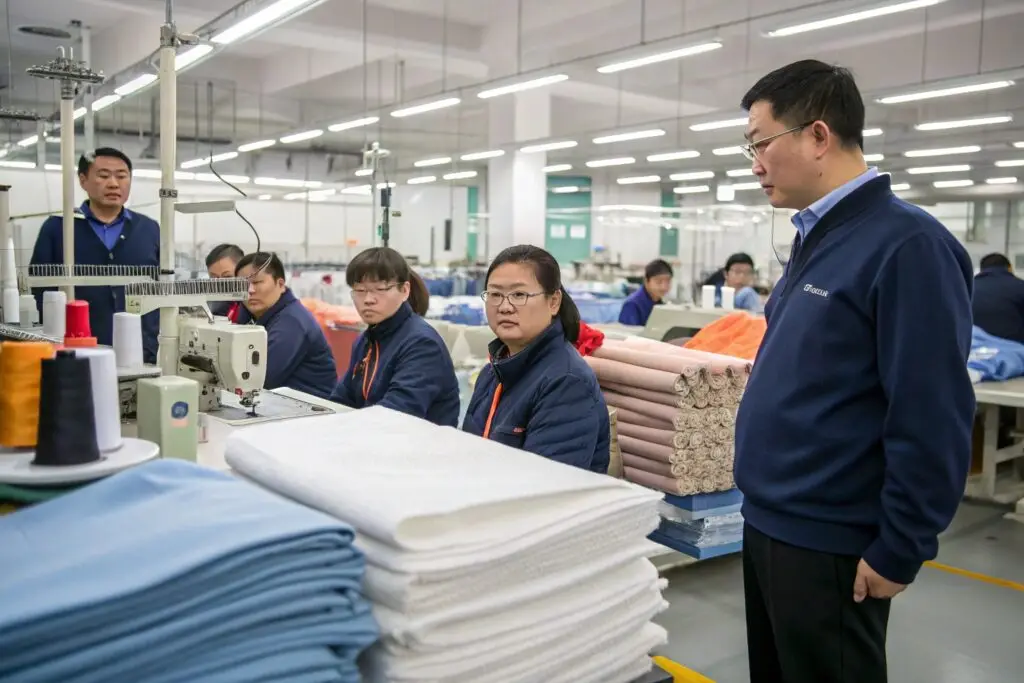 Clothing factory workers sewing garments, textile production process