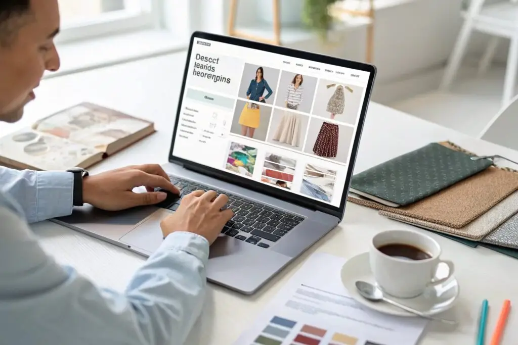 Fashion retailer managing online clothing store on laptop