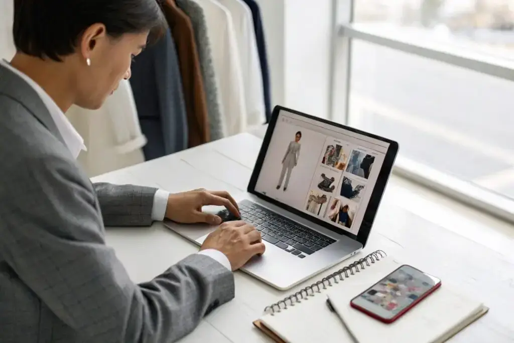 Fashion designer browsing digital clothing catalog