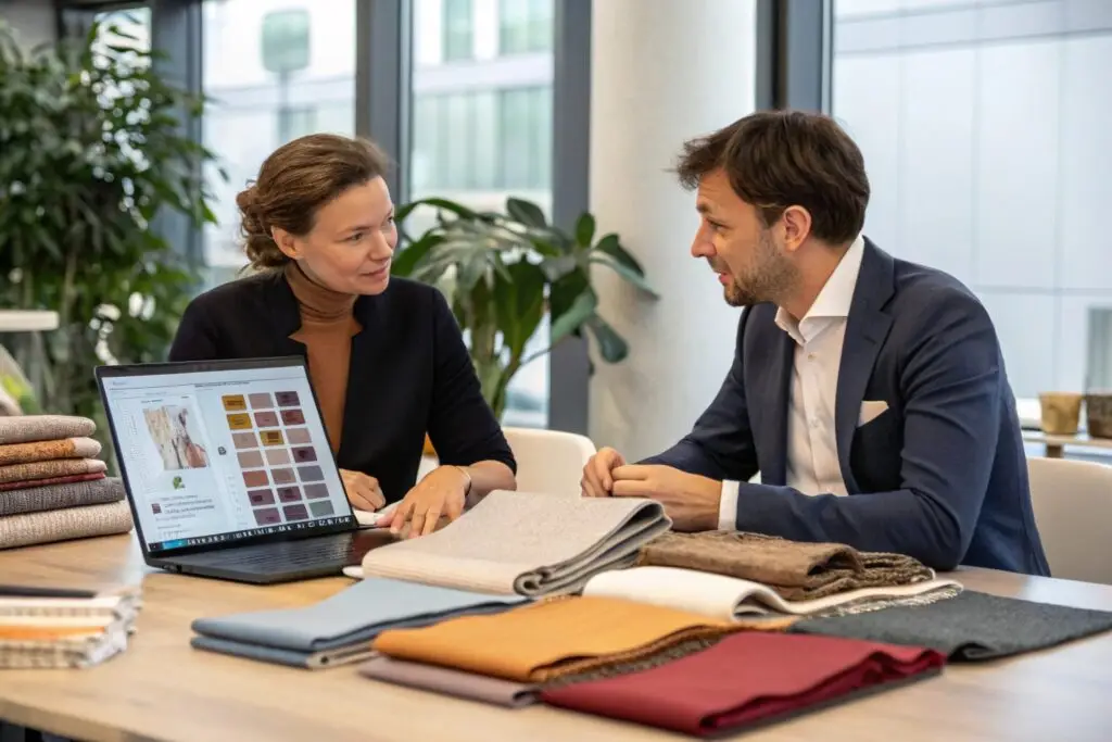 Business professionals discussing fabric selection and color palettes