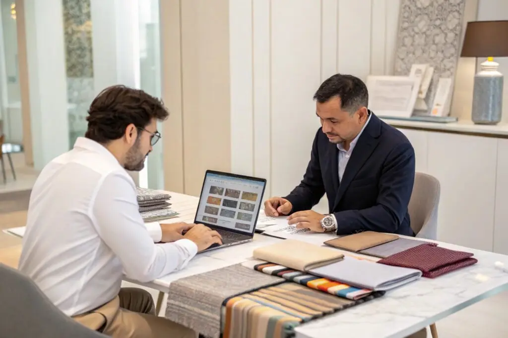 Businessmen discussing textile options for clothing production, fabric sourcing meeting