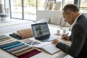 A businessperson reviewing a management report, showcasing Fumao's professional approach to wholesale clothing manufacturing
