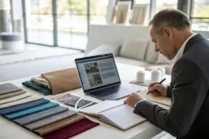 A businessperson reviewing a management report, showcasing Fumao's professional approach to wholesale clothing manufacturing