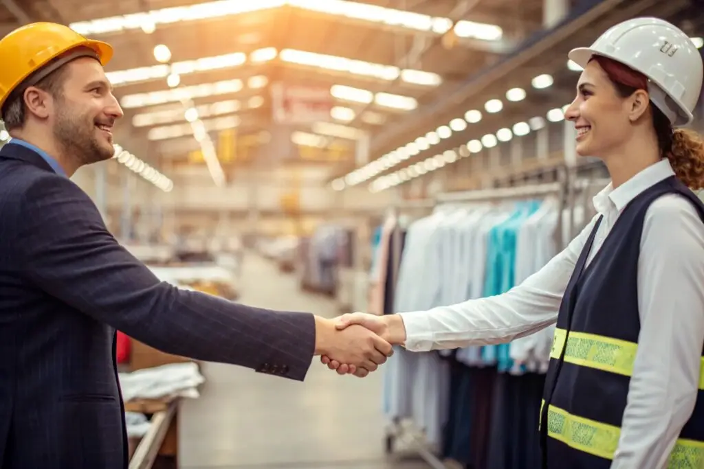 Business partnership handshake in a garment factory