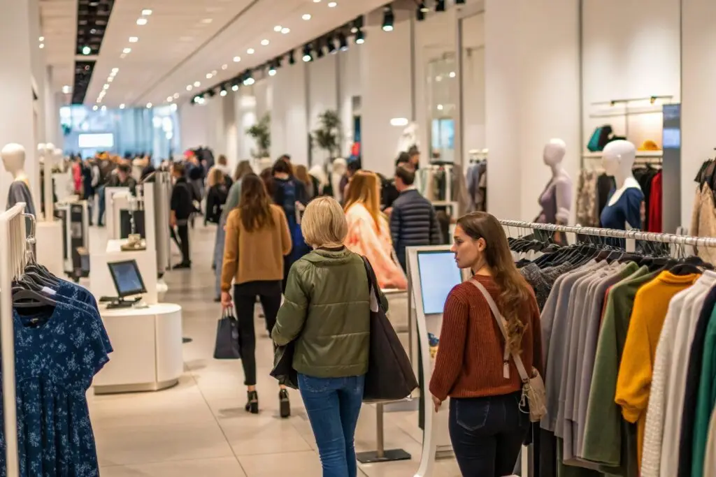 Busy fashion retail store with shoppers browsing clothing collections