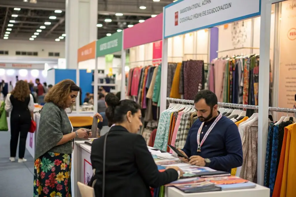 Textile and apparel trade show, buyers exploring fabric collections