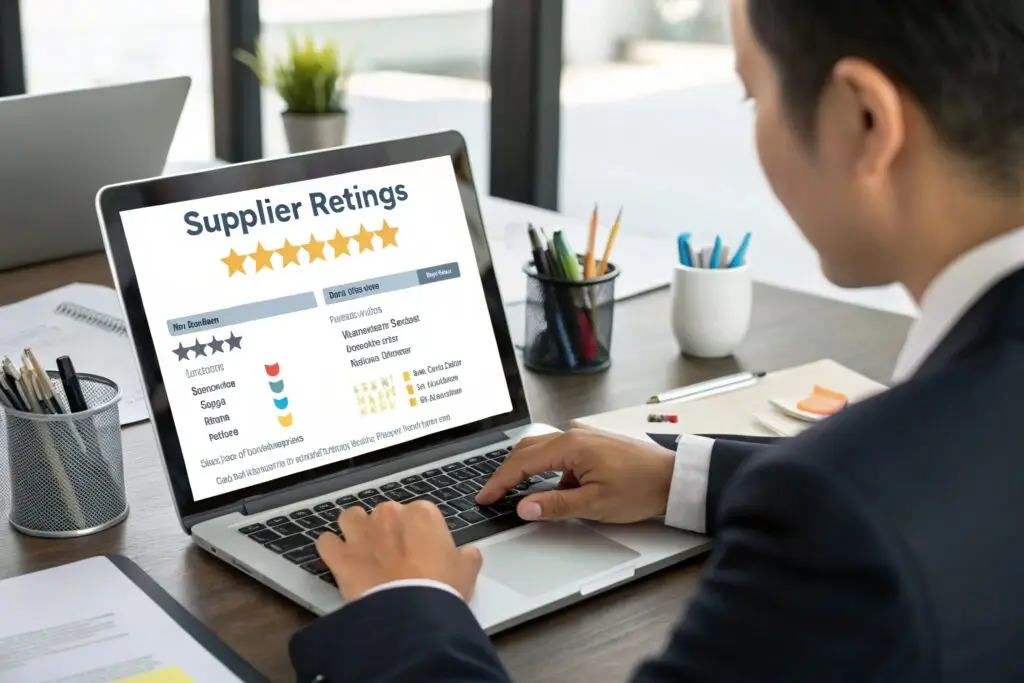 Business professional reviewing supplier ratings for sourcing decisions