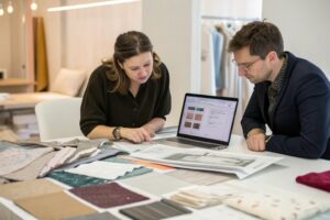 Fashion designers selecting fabric and discussing designs