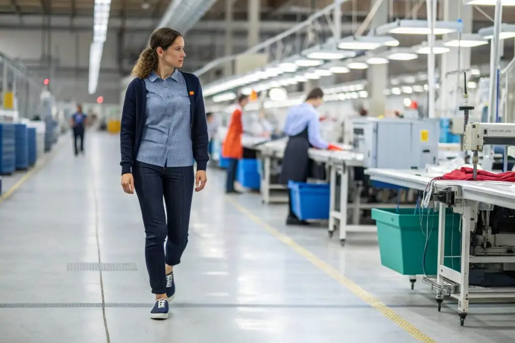 Buyer inspecting clothing production line in factory