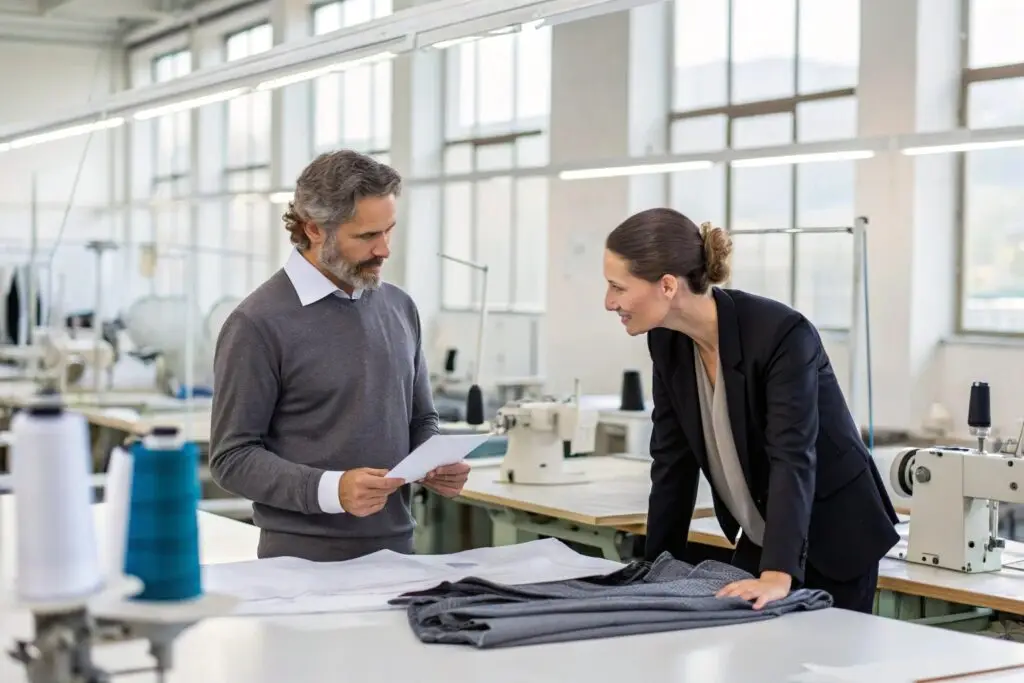 Clothing brand owner discussing design with a colleague in the factory