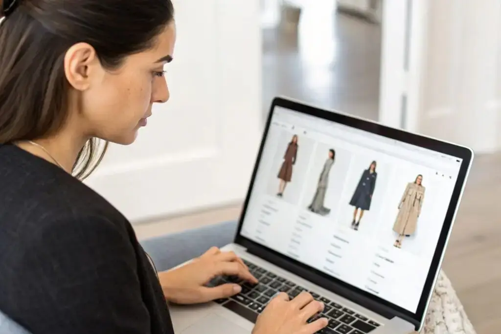 Clothing brand owner reviewing product listings on an online store