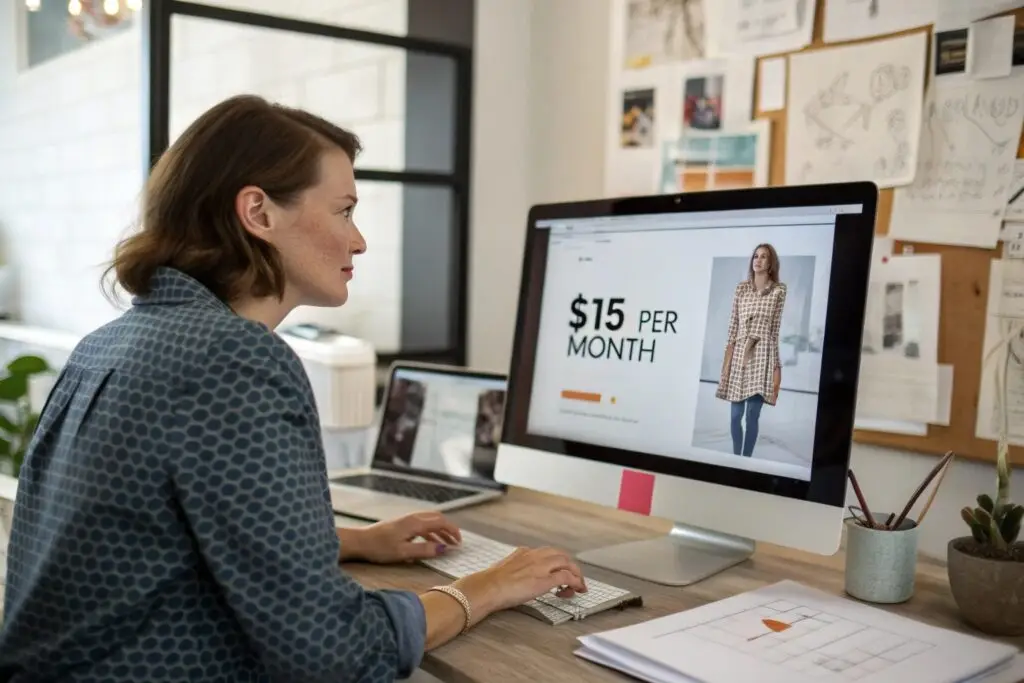 Clothing brand owner reviewing website with product listing on screen