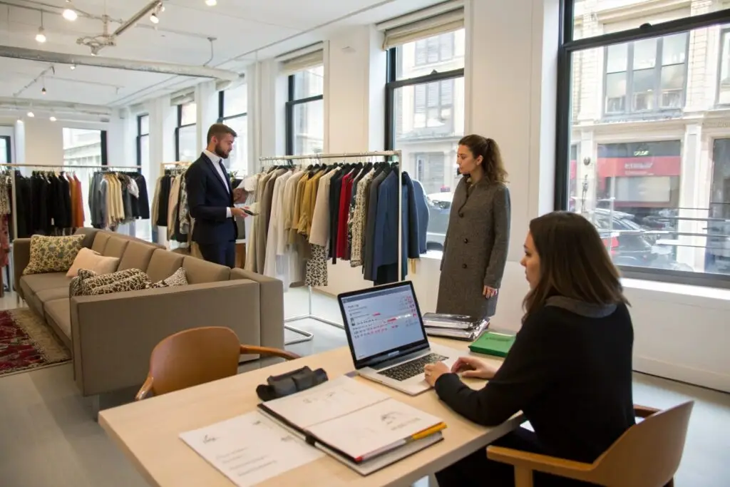 Fashion buyers selecting apparel in a modern showroom