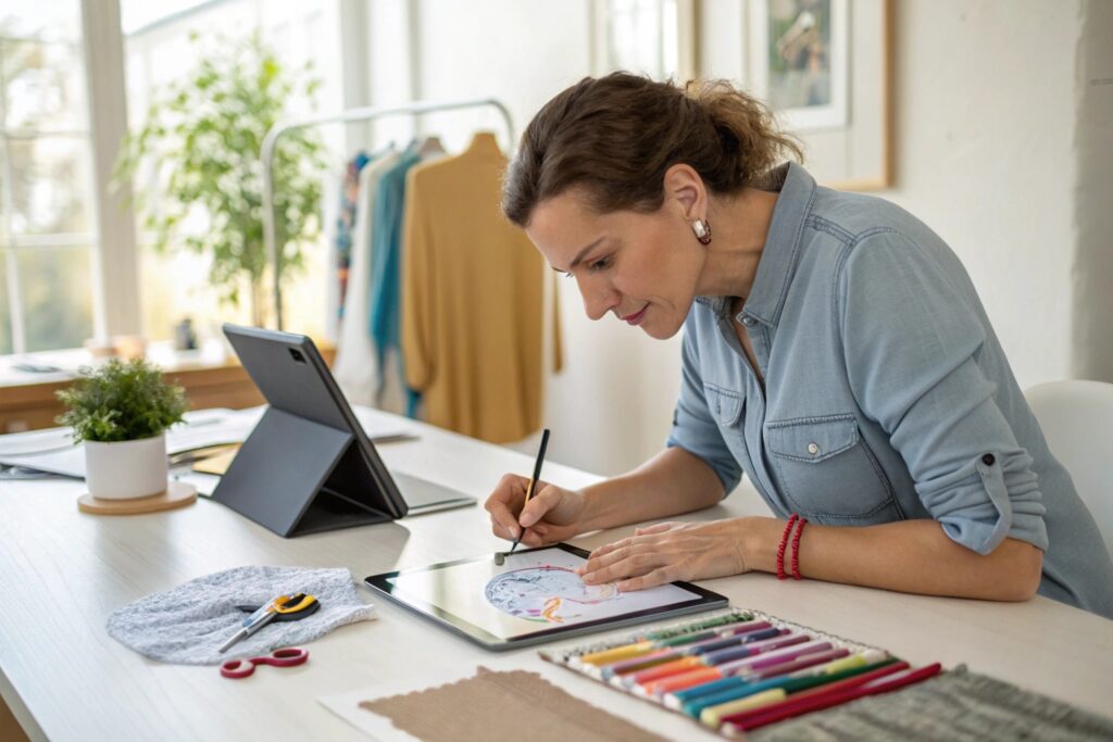 Clothing designer drawing digital sketches on tablet with fabric swatches and tools