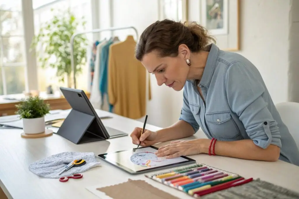 Clothing designer drawing digital sketches on tablet with fabric swatches and tools