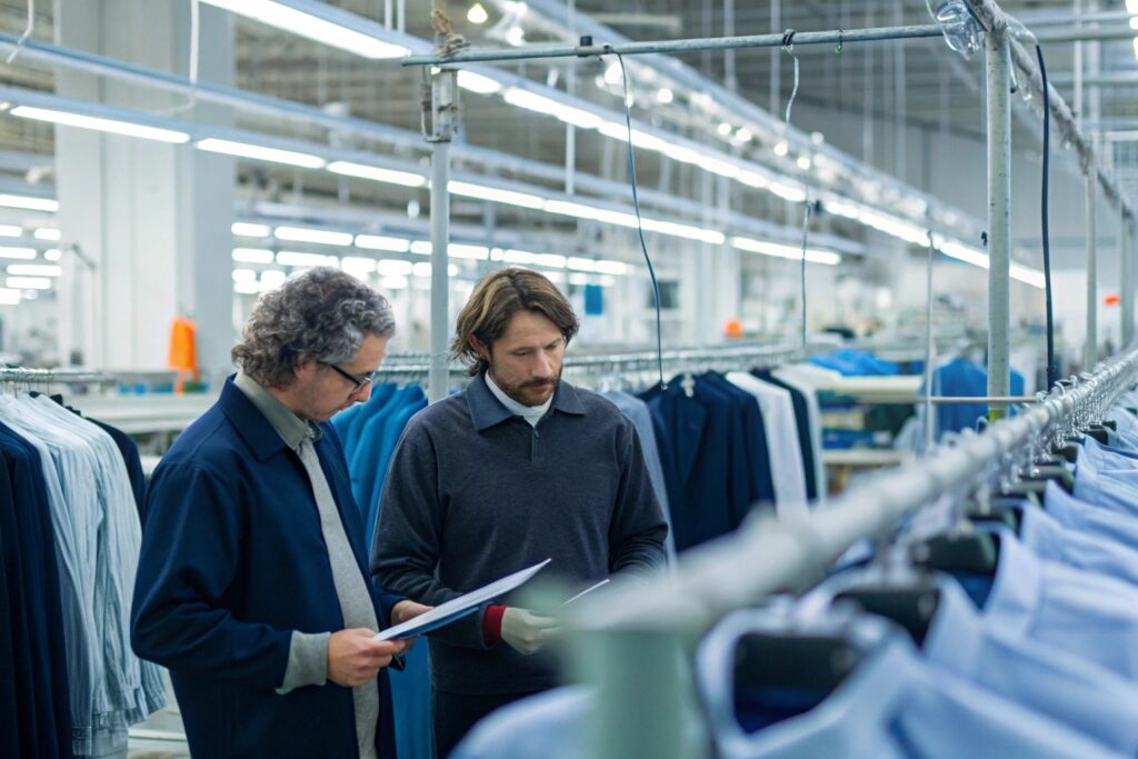 Clothing factory inspection, two men reviewing documents