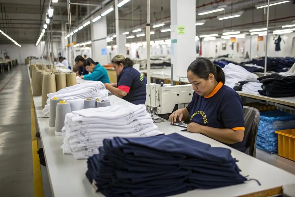 Garment factory workers sewing high-quality clothing for wholesale orders