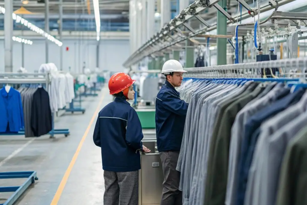Clothing factory workers inspecting garments on production line