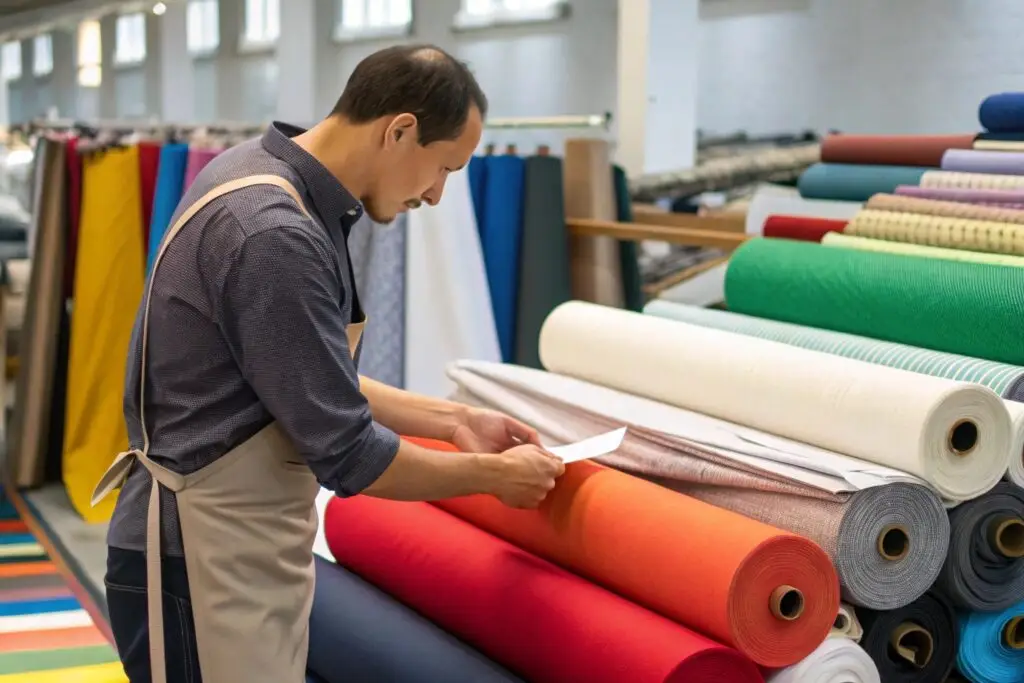 Clothing manufacturer inspecting fabric rolls in production facility