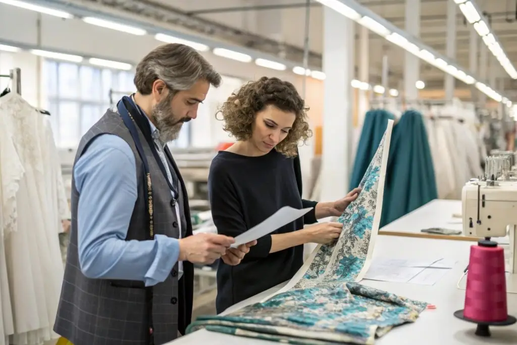 Clothing manufacturer reviewing fabric choices.