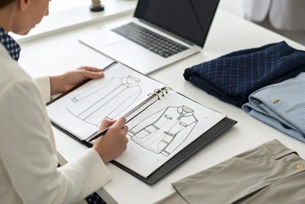 Fashion designer working on a clothing tech pack with sketches