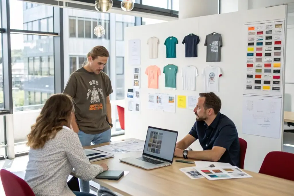 Team discussing custom t-shirt branding and design in a modern office