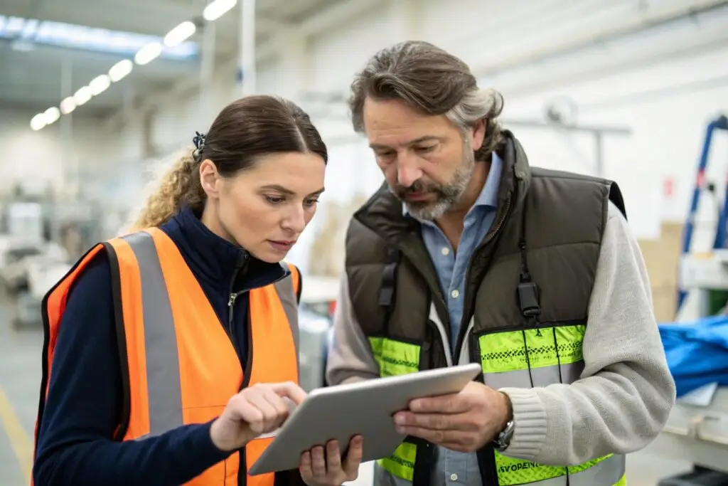 Designer and production manager reviewing details on a tablet in factory