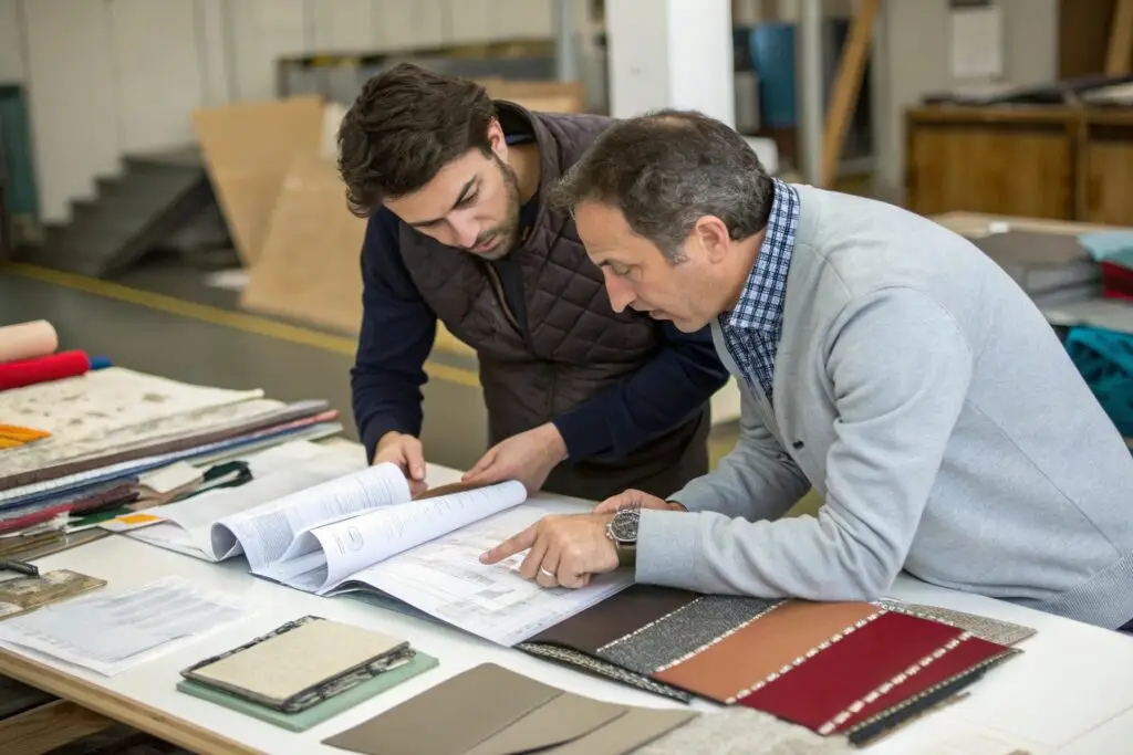 Fashion designer and manufacturer reviewing fabric samples
