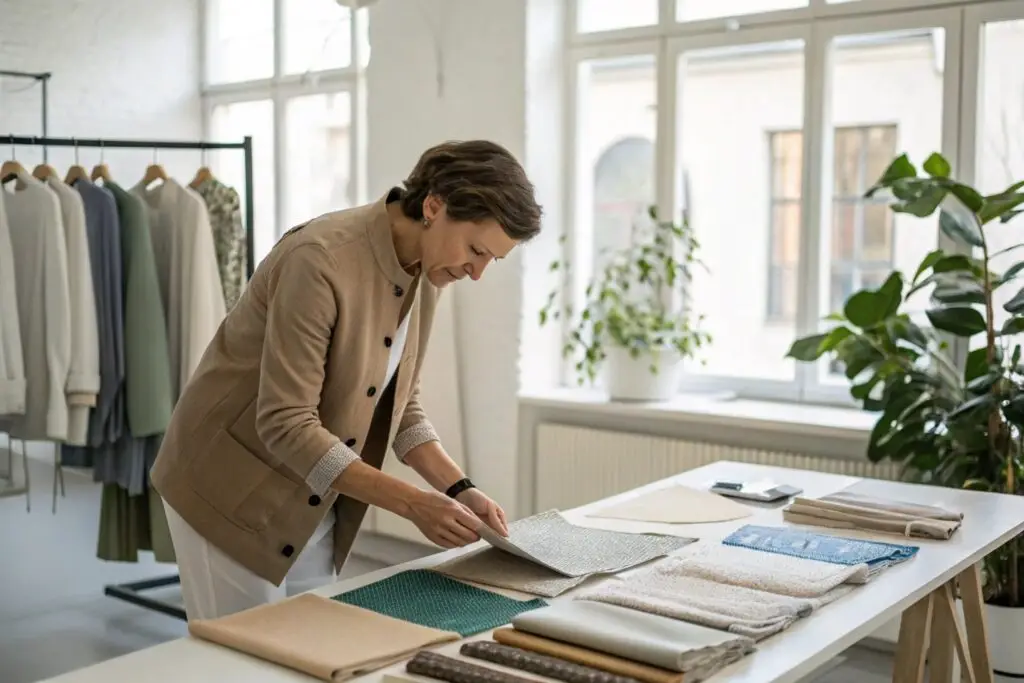 Fashion designer reviewing fabric samples and clothing designs in a studio