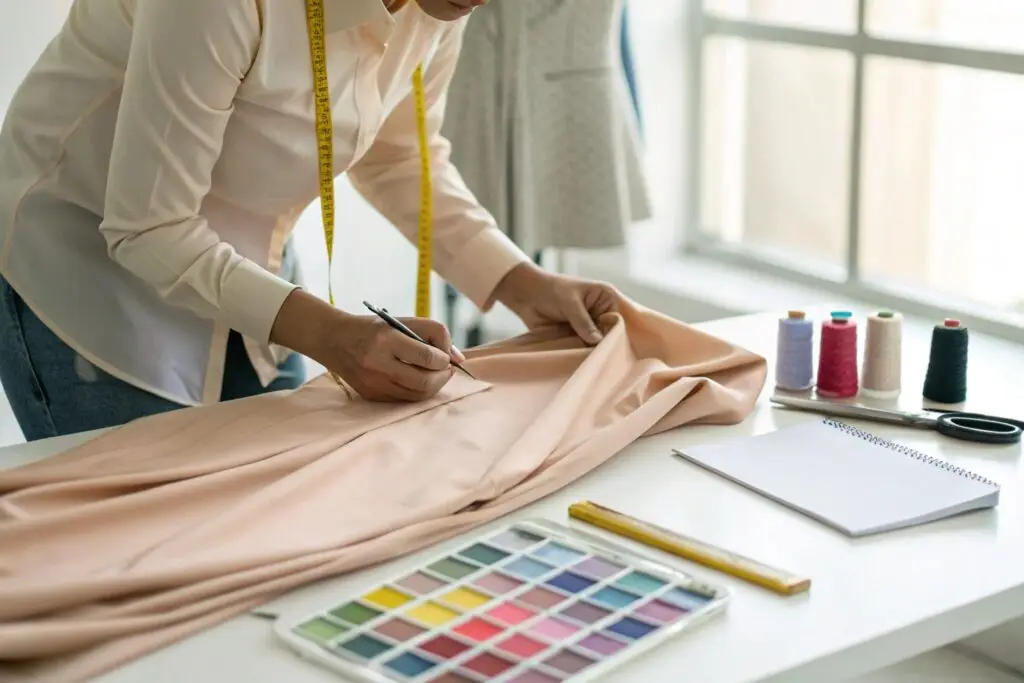 Designer carefully inspecting fabric and taking measurements