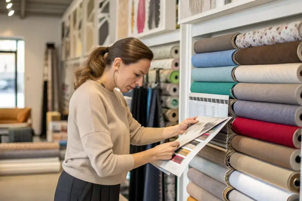 Designer carefully selecting fabric rolls from a textile showroom