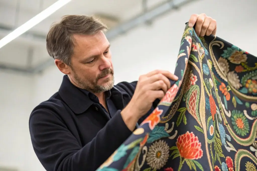 Designer inspecting embroidered fabric, quality check