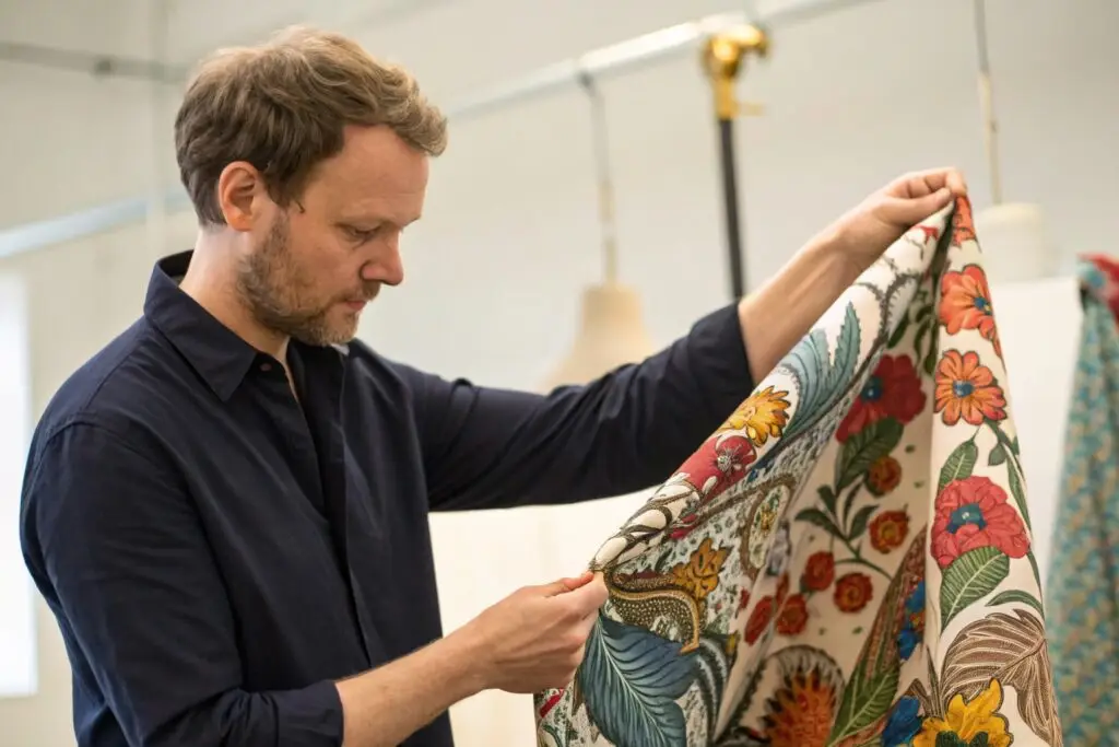 Fashion designer examining high-quality printed fabric
