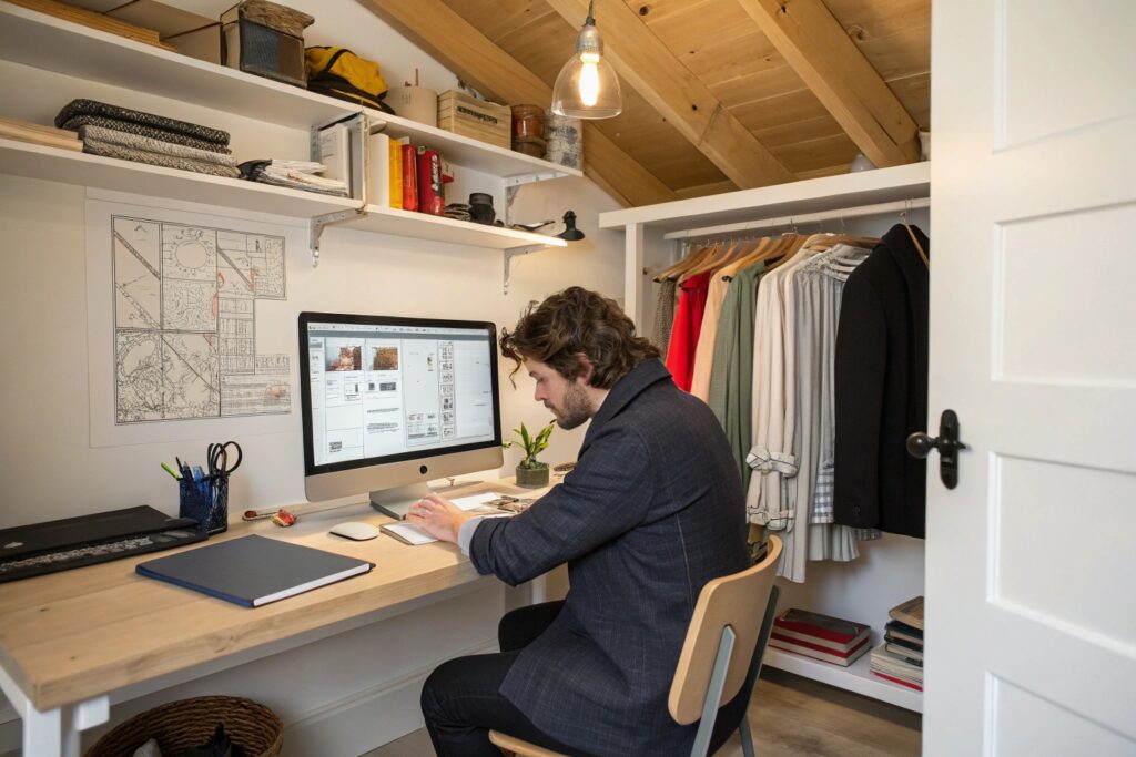 Designer working in a creative office space with clothing and designs