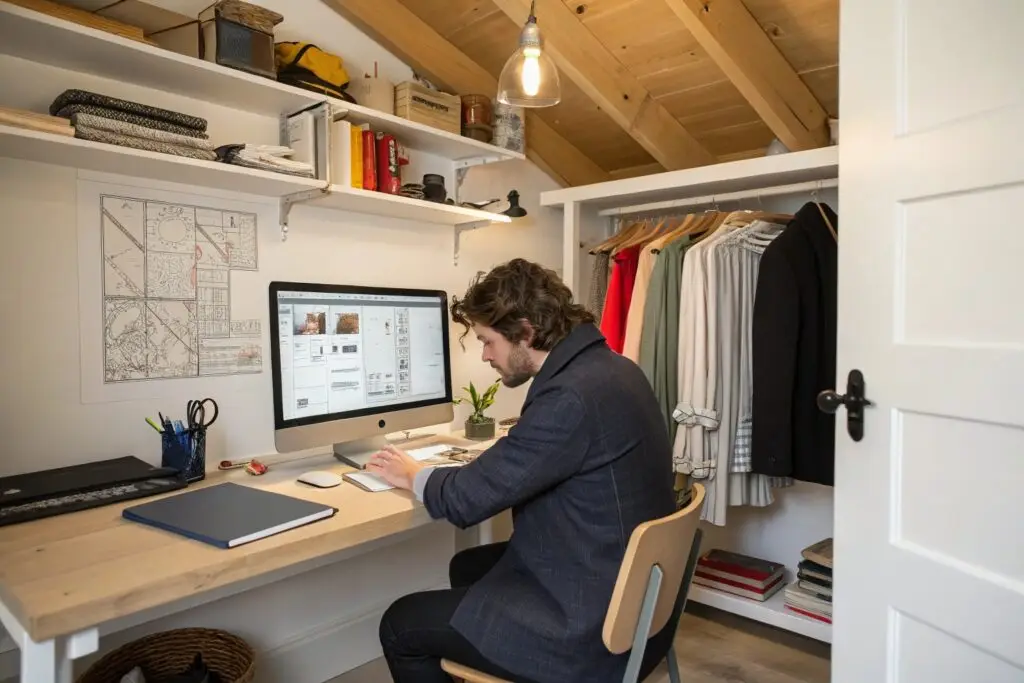 Designer working in a creative office space with clothing and designs