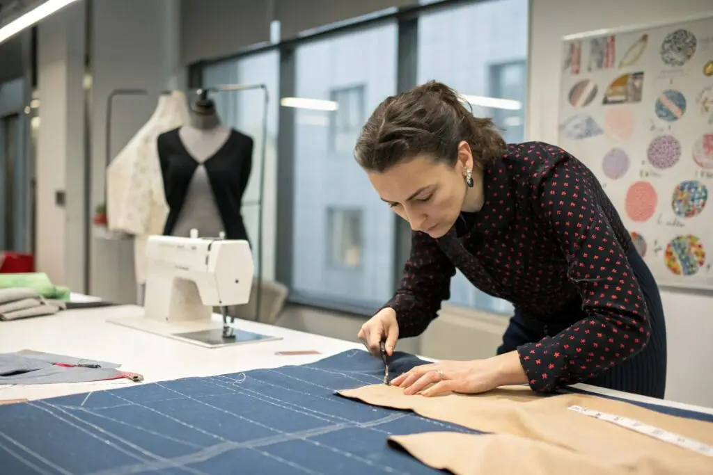 Designer cutting fabric pattern in fashion studio