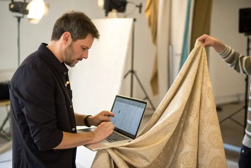 Fabric designer reviewing textile quality