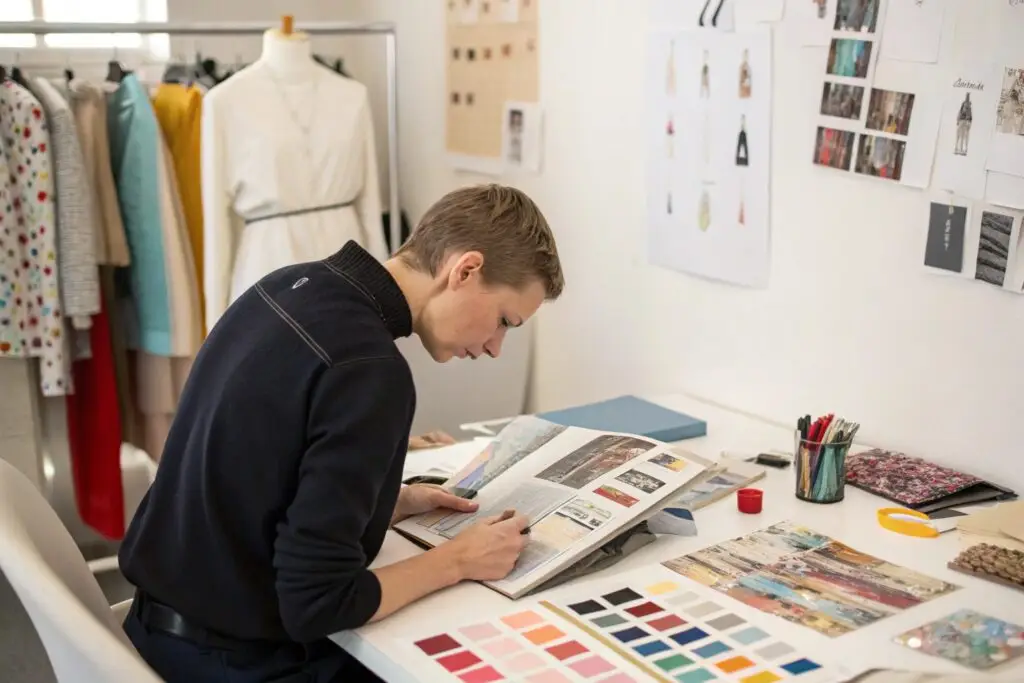 Fashion designer researching trends and color palettes