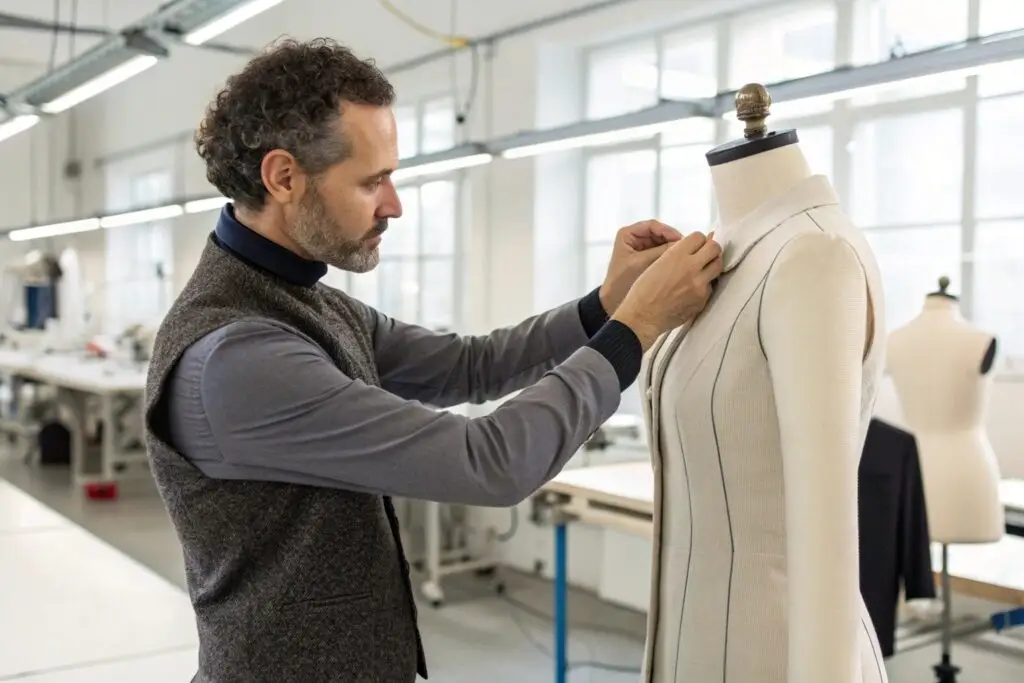 Designer reviewing a fit sample on a mannequin
