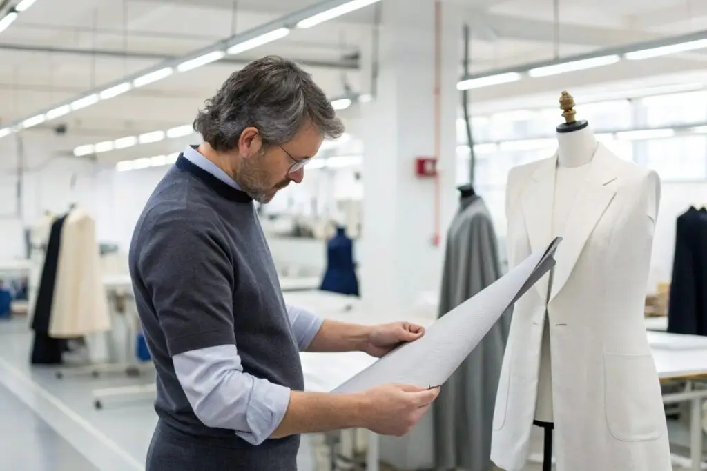 Designer reviewing a prototype in a garment factory