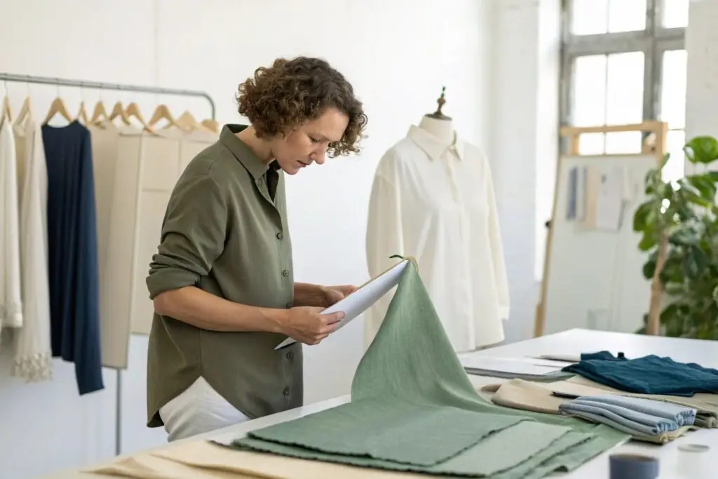 Fashion designer reviewing eco-friendly fabric samples and designs