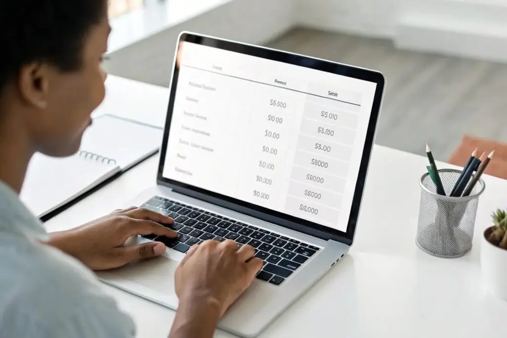 Designer reviewing cost and sales data on laptop