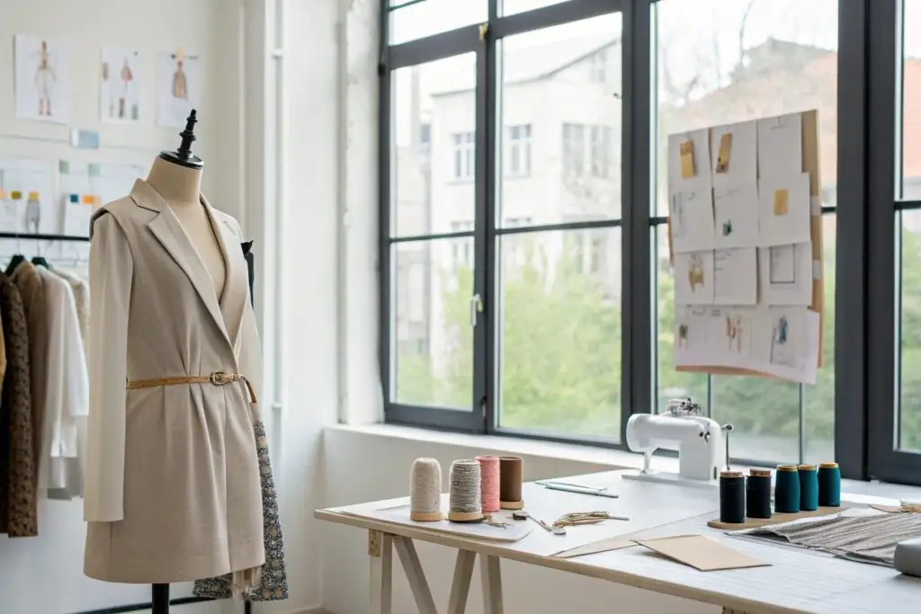 Designer studio with sewing machine, fabric, and sketches