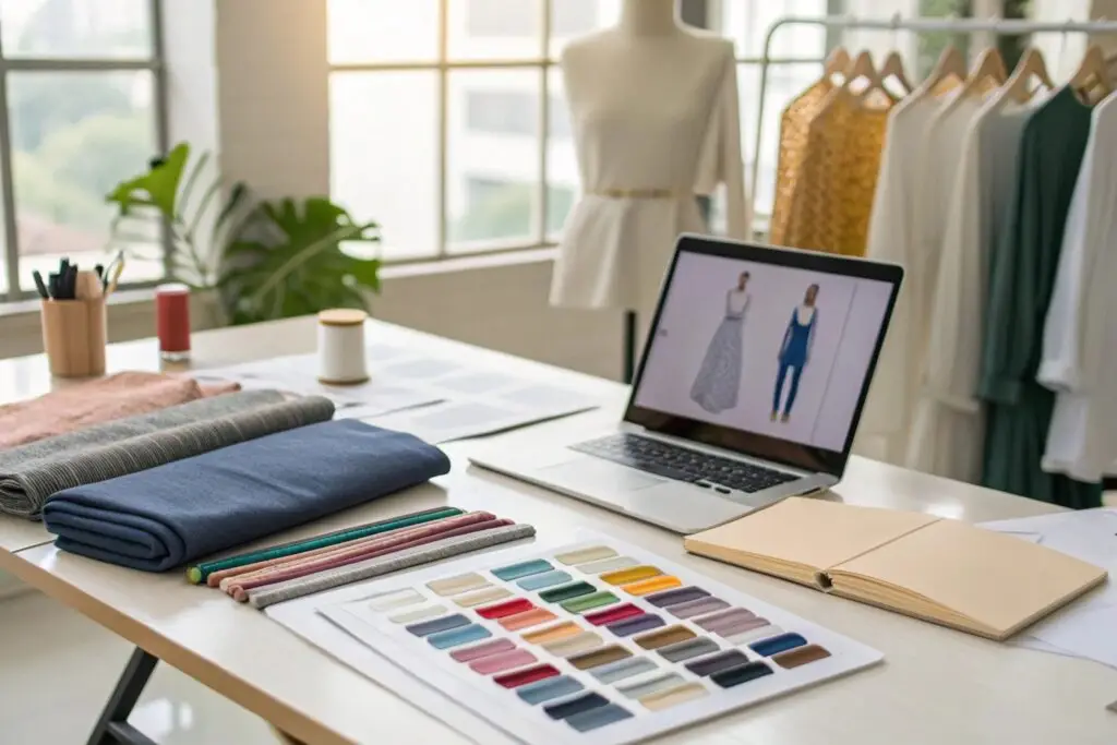 Fashion designer workspace with fabric swatches and digital designs
