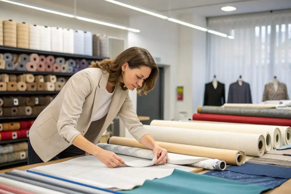Designer selecting fabric rolls in textile showroom